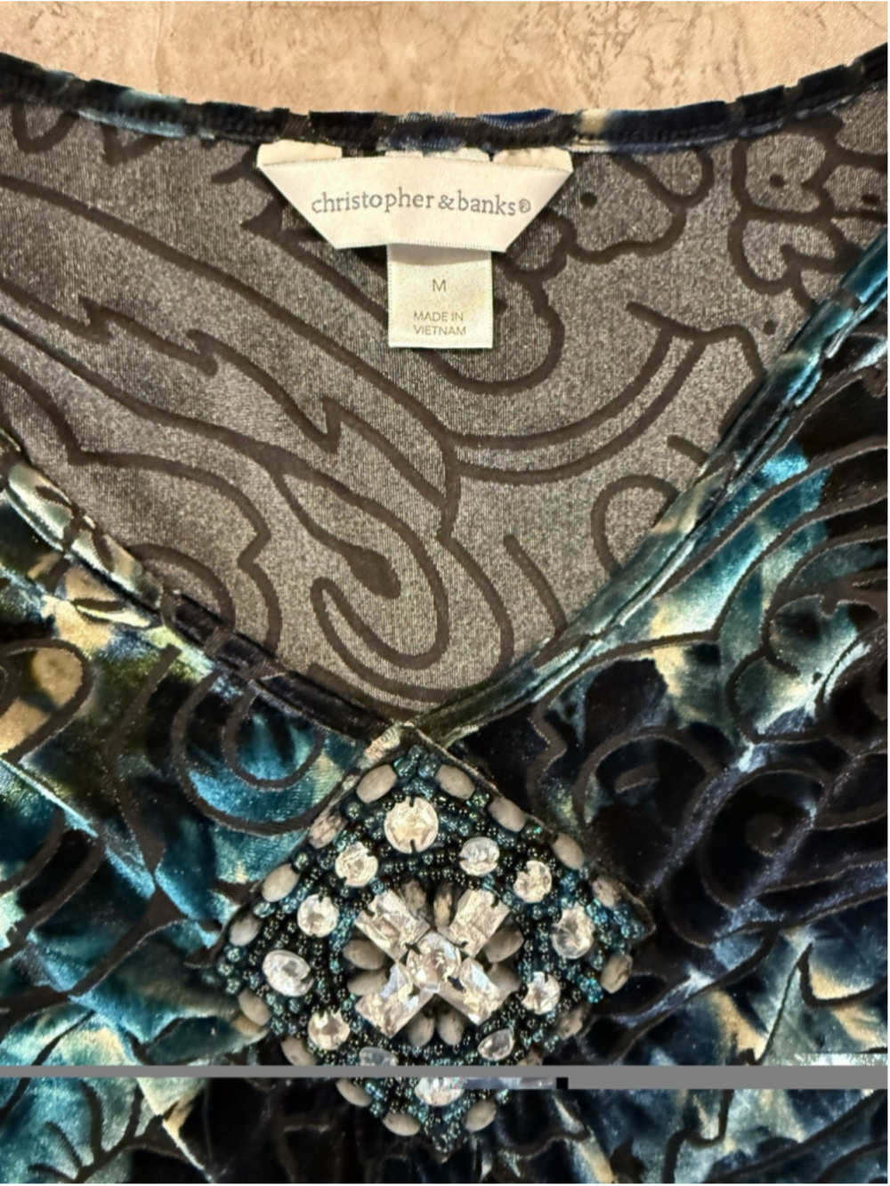 Christoper & Banks Y2K Style Velvet Burnout Top Beaded Long Sleeve Whimsigoth M - Picture 3 of 5